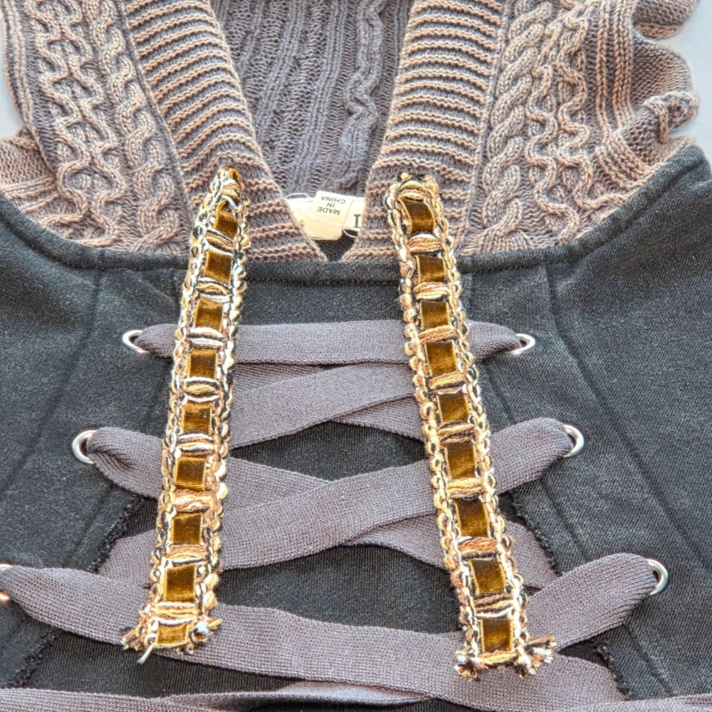 POL Rebel Lace Up Knit Hoodie Mineral Wash Brown Black Boho Grunge Small NWOT - Picture 6 of 16